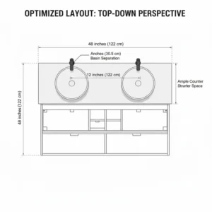 Top-down architectural view showing the basin placement of a 48 inch double sink vanity with hidden storage 2026.