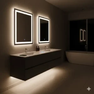 Ambient under-cabinet LED lighting on a smart bathroom vanity with built-in charging station reviews 2026 in night mode.