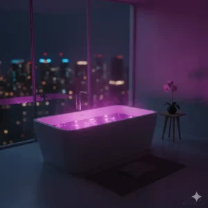 Evening bathroom atmosphere enhanced by the glow of a deep soaking tub with built-in chromotherapy lighting 2026.