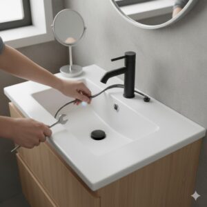 Overhead installation perspective of the best single hole modern bathroom faucet for small spaces 2026 on a narrow counter.