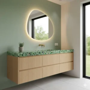 A modern mix of materials featuring eco-friendly bamboo bathroom vanity options 2026 and recycled glass surfaces.