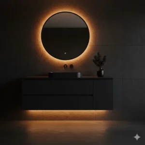 Sleek matte black finish and backlighting on the best floating bathroom vanity with integrated lighting 2026.
