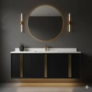 Elegant matte black finish on mid-century modern bathroom vanity cabinet designs 2026 paired with brushed brass hardware.