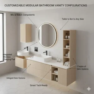 Exploded diagram showing how to assemble various components of space saving modular bathroom vanity systems 2026.