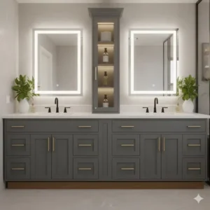 Large double-sink vanity layout perfect for family homes, crafted by affordable custom look bathroom vanity builders 2026.