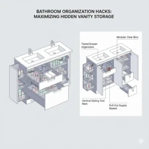 Smart organization tips using the tiered internal shelving of a 48 inch double sink vanity with hidden storage 2026.