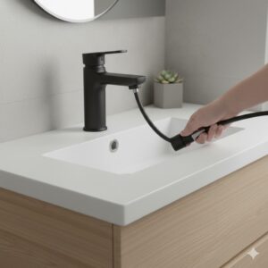 Functional pull-out spray head of the best single hole modern bathroom faucet for small spaces 2026 for versatile cleaning.