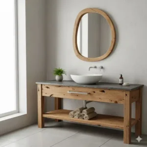 Eco-friendly reclaimed timber used in natural wood bathroom vanity trends for master baths 2026.