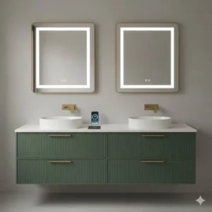 Trendy sage green finish on a top-rated smart bathroom vanity with built-in charging station reviews 2026 with gold hardware.