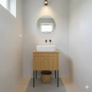 Slim and compact powder room furniture from the latest eco-friendly bamboo bathroom vanity options 2026.
