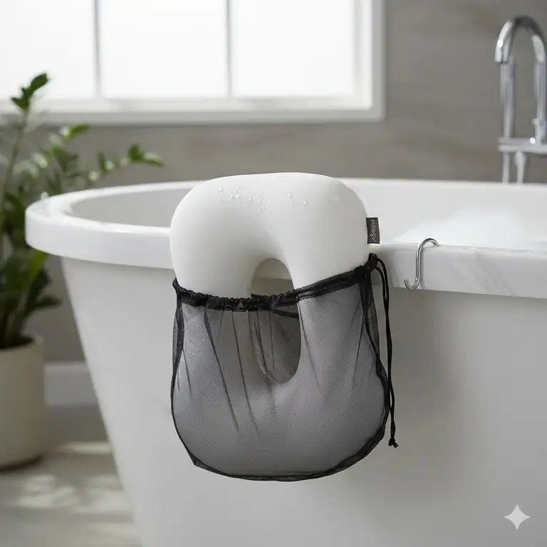 Luxury presentation of the best waterproof memory foam bath pillow with drying bag 2026 on a marble bathtub