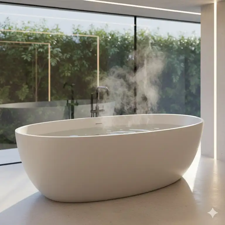A luxury bathroom showcase featuring the best materials for heat retaining bathtubs 2026 comparison with a focus on stone resin.