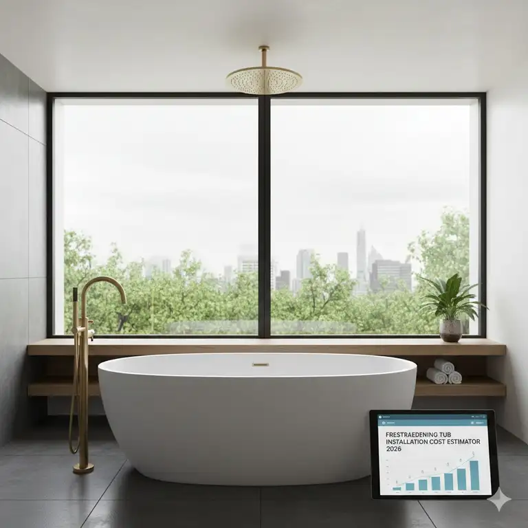 A luxury bathroom featuring a modern white tub with data from the freestanding tub installation cost estimator 2026.