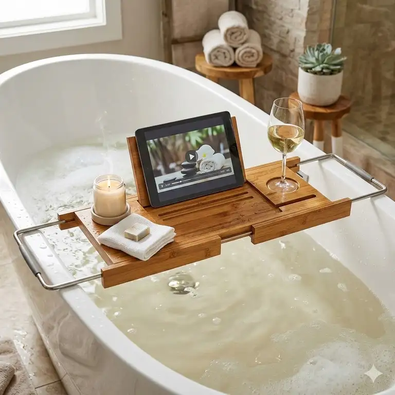 A premium luxury bamboo bathtub caddy featuring a secure tablet slot and wine glass holder in a modern spa-style bathroom