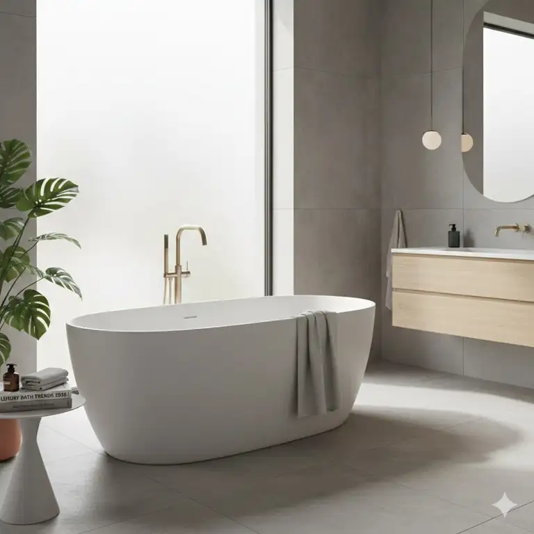 A luxurious bathroom featuring the best modern minimalist solid surface bathtub reviews 2026.
