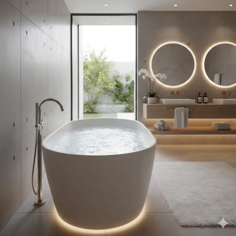 A luxury bathroom showing what is a microbubble therapy bathtub and benefits 2026 with milky white water.