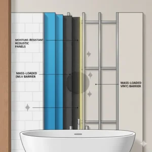 Technical diagram showing multi-layer wall materials for a soundproofing bathtub enclosure for relaxation 2026 project.