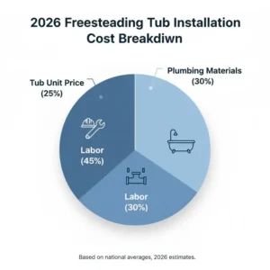 Detailed pie chart showing labor and material expenses according to the freestanding tub installation cost estimator 2026