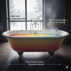 A thermal test of a cast iron tub proving why it is among the best materials for heat retaining bathtubs 2026 comparison.