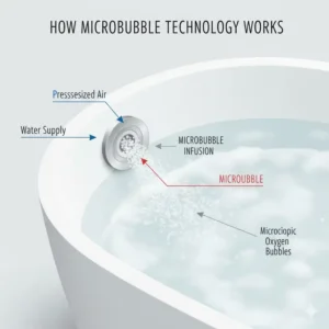 Technical diagram explaining what is a microbubble therapy bathtub and benefits 2026 through oxygen infusion.