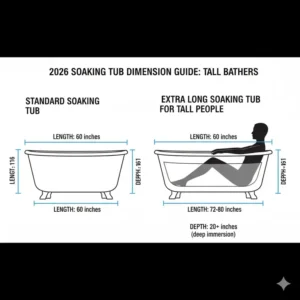 A technical comparison chart showing the standard sizes versus extra long soaking tub for tall people dimensions 2026.