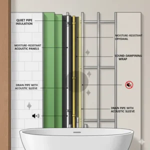 Internal view of quiet pipe insulation installed in a soundproofing bathtub enclosure for relaxation 2026 to eliminate water noise.