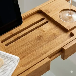 Detailed texture shot of water-resistant 100% natural bamboo used for a luxury bathtub tray.