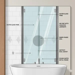 Close-up of high-performance acoustic glass used in a soundproofing bathtub enclosure for relaxation 2026 for maximum quietness.