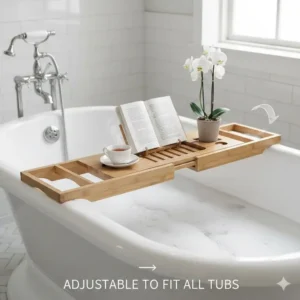 Illustration showing the adjustable sliding arms of a luxury bamboo caddy extending to fit a large soaking tub.