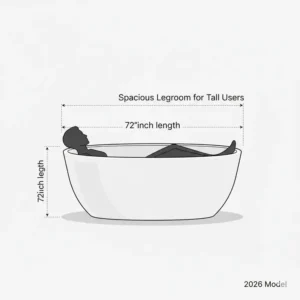 Line art drawing of a 72-inch freestanding extra long soaking tub for tall people dimensions 2026 with ergonomic legroom.