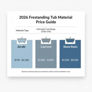 Comparison table of acrylic and stone resin prices found in the freestanding tub installation cost estimator 2026.