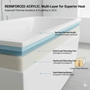 Multi-layer reinforced acrylic detail, highlighting the best materials for heat retaining bathtubs 2026 comparison for durability.