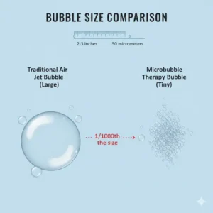 Bubble size comparison chart highlighting what is a microbubble therapy bathtub and benefits 2026 vs traditional jets.