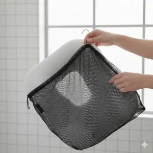Showing how to store the best waterproof memory foam bath pillow with drying bag 2026 in its mesh pouch.