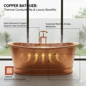 Elegant copper bathtub showing high thermal conductivity within the best materials for heat retaining bathtubs 2026 comparison.