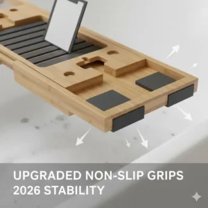 Bottom view of a luxury bathtub caddy showing silicone non-slip grips for added security on tub edges.