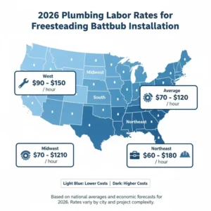 Map showing regional plumbing labor rates as analyzed by the freestanding tub installation cost estimator 2026.