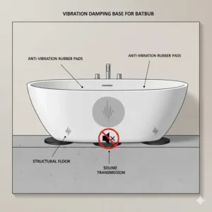 Demonstration of anti-vibration rubber pads used in a soundproofing bathtub enclosure for relaxation 2026 to block structural sound.