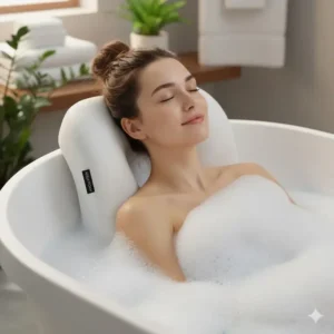 A person enjoying a relaxing home spa with the best waterproof memory foam bath pillow with drying bag 2026.