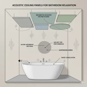 Decorative acoustic ceiling clouds designed for a soundproofing bathtub enclosure for relaxation 2026 to reduce echo and reverb.