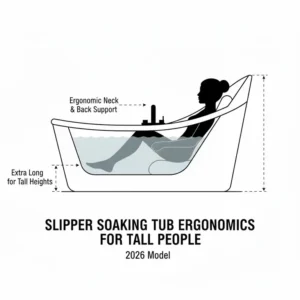 Ergonomic design illustration of the backrest slope on an extra long soaking tub for tall people dimensions 2026.