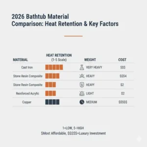 Comprehensive data chart ranking the best materials for heat retaining bathtubs 2026 comparison by temperature longevity.
