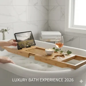 A luxury bamboo bathtub caddy organized with a tablet, wine glass, and scented candle for a 2026 home spa experience.