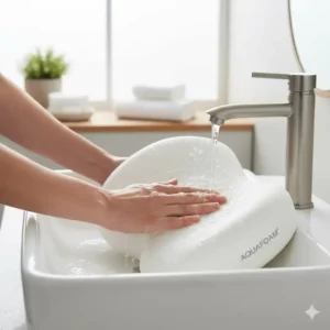 Demonstrating the easy-to-clean material of the best waterproof memory foam bath pillow with drying bag 2026.