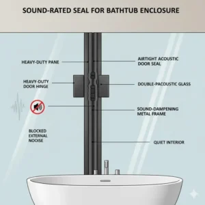 Detail of airtight gaskets and seals for a soundproofing bathtub enclosure for relaxation 2026 to prevent sound leaks.