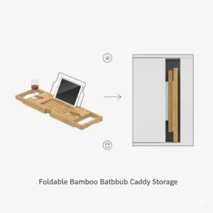 Illustration of a luxury bamboo bathtub caddy folded flat for compact storage in a bathroom cabinet.