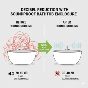 Infographic comparing decibel levels before and after installing a soundproofing bathtub enclosure for relaxation 2026.
