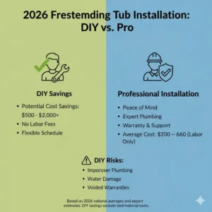 Infographic comparing DIY savings versus professional risks based on the freestanding tub installation cost estimator 2026.