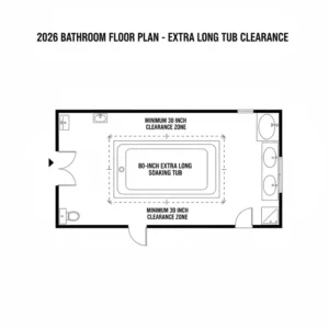A bathroom floor plan layout showing the necessary clearance for an extra long soaking tub for tall people dimensions 2026.