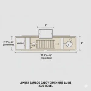 Diagram showing the dimensions and tablet slot width of the 2026 luxury bamboo bathtub caddy model.